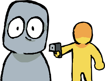 a grey figure, a featureless yellow figure behind them pointing a handgun at them